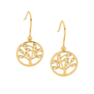 Sterling Silver Gold Plate CZ Tree Of Life Drop Earrings