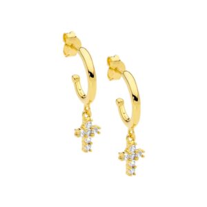Sterling Silver Gold Plat CZ Cross Hoop Earrings