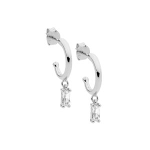 Sterling Silver CZ Baguette Drop Hoop Earrings