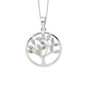 Sterling Silver Multicolored CZ Tree of Life Necklace