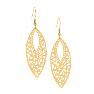 Stainless Steel Gold Plate Filagree Long Leaf Drop Earrings