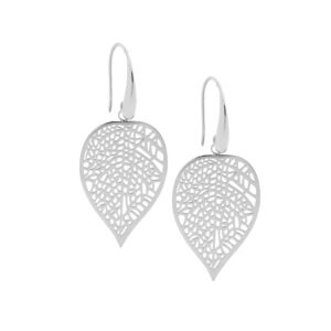 Stainless Steel Silver Filigree Leaf Drop Earrings