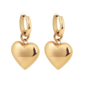 Stainless Steel Puff Heart Hoop Earrings in Gold