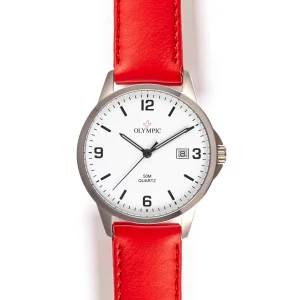 Olympic Titanium White Dial and Red Leather Strap Watch